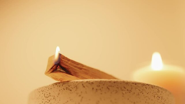 A glowing burning palo santo stick rests on a ceramic holder, with soft candlelight radiating warmth, creating a serene and calming ambiance perfect for relaxation, meditation, or spiritual practices.