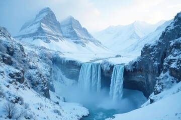 Obraz premium Snowy mountain range with frozen waterfalls and misty fog, wintery, mountain, majestic