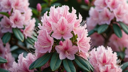 pink azalea flowers in full bloom with green leaves in a natural setting during daylight