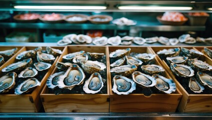 Freshly harvested oysters displayed in wooden boxes at a seafood market with blurred background showcasing seafood varieties.