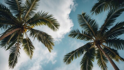 Low angle view of palm trees against a cloudy sky with blue background and scattered clouds in a tropical setting