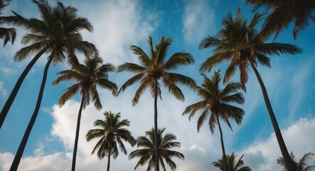 Tropical palm trees against a blue sky with clouds in a natural outdoor setting during daytime