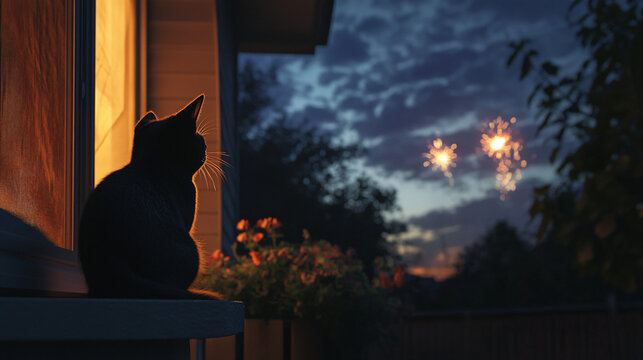 Midnight Musings: A solitary black cat perched on a windowsill, gazing at fireworks, evokes a sense of tranquil solitude and contemplation under a twilight sky. 