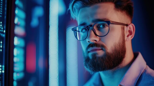 Tech professional analyzing data in server room modern office portrait image professional environment close-up view innovation focus - Powered by Adobe