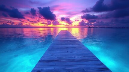 Obraz premium Picturesque dock stretching towards a gorgeous sunset with colorful skies and calm waters