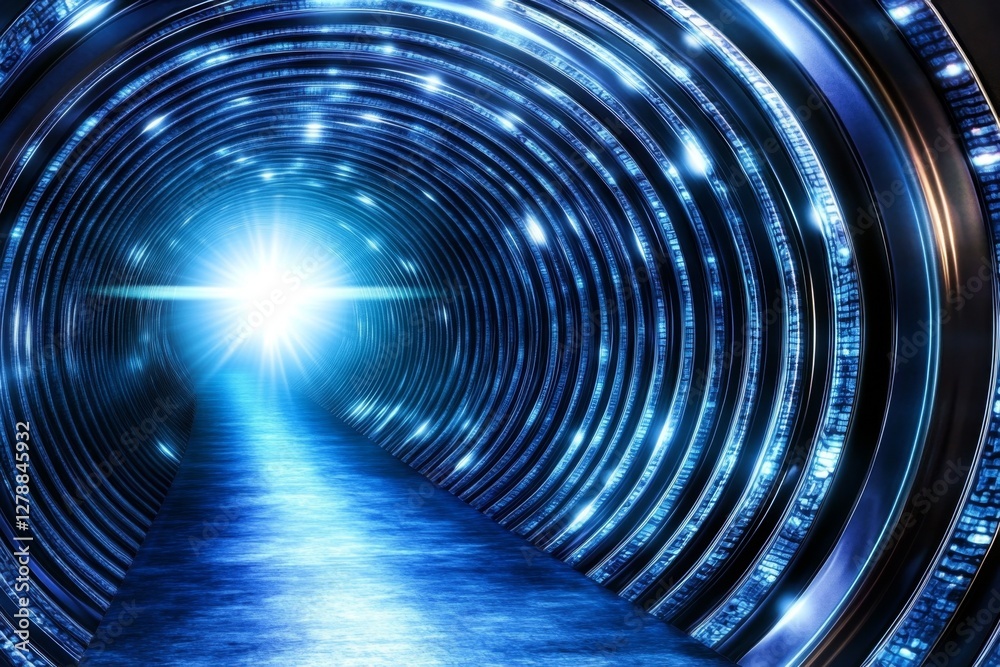 Poster abstract tunnel, corridor with rays of light and new highlights abstract blue background, neon scene