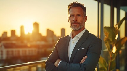 Plakat Confident businessman overlooking city at sunset. His posture and the golden light convey success and vision. Professional portrait.