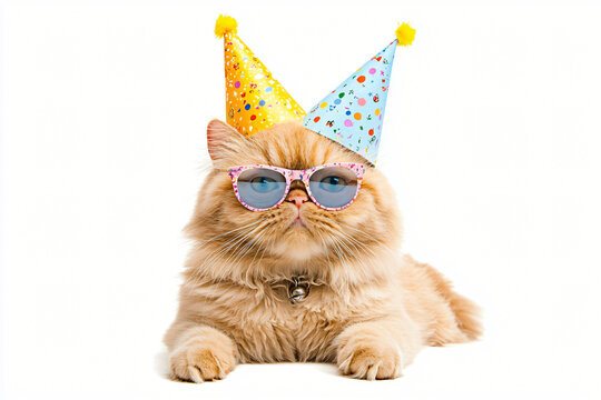 Feline Fiesta: A cool cat with stylish sunglasses and a party hat is ready to celebrate. Captured with a playful, humorous aesthetic. 