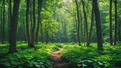 Naklejka premium Lush green forest pathway surrounded by tall trees and dense foliage during daylight in a serene natural setting
