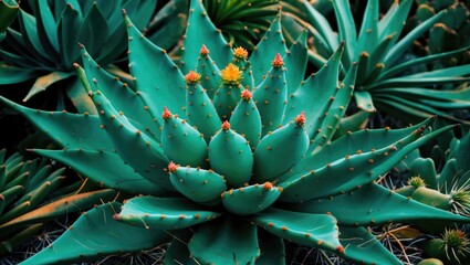 Fototapeta premium Close-up view of vibrant green succulent plant with spiny leaves and yellow flower buds in a desert environment