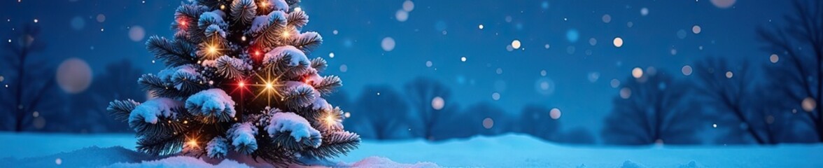 Fototapeta premium Snowflakes swirl around a sparkling Christmas tree in a frosty blue sky with stars, snowflakes, festive atmosphere, starry night sky