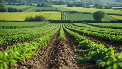 Obraz premium Vast agricultural landscape with rows of green crops and rolling hills under a clear sky during daytime