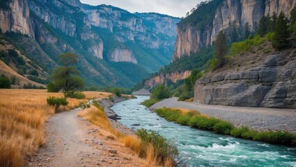 Mountainous river landscape with rocky cliffs and grassy banks under overcast sky. Natural scenery with winding path along the water.