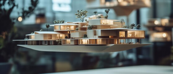 Architectural model of a conceptual floating house with greenery, blending innovation and nature.