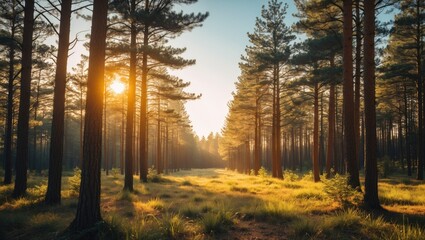 Naklejka premium Forest landscape at sunrise with tall pine trees and grassy path illuminated by warm sunlight in a serene natural environment