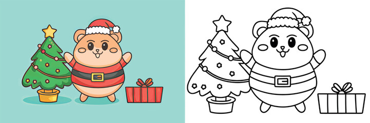 Fototapeta premium Cute Cartoon Hamster in Santa Outfit with Christmas Tree and Gift, Coloring Page