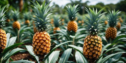 Fototapeta premium Pineapple cultivation in agricultural field with multiple ripe pineapples and green leaves against a blurred background