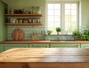Empty wooden table in a blurred green kitchen background