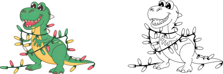 Fototapeta premium Cute Dinosaur with Christmas Lights - Coloring Page