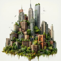 Fototapeta premium A city made of buildings and trees is floating in the air