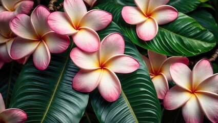 Fototapeta premium pink plumeria flowers on green leaves close up view in tropical garden setting