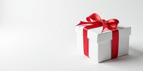 Fototapeta premium Simple gift box on white background with a decorative ribbon tied around it, gift box, present