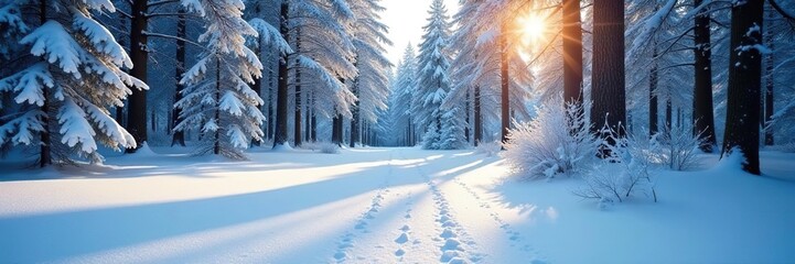 Naklejka premium Snowy forest scene with a few white fibers scattered on the ground, nature, calm, winter