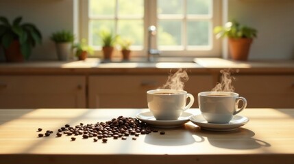 Morning Sunlight Illuminates Two Steaming Cups of Coffee Beside a Pile of Roasted Coffee Beans on a Kitchen Table