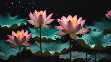 Lotus flowers with pink petals and green leaves in a dark background with droplets of water on their surfaces