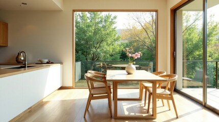 Fototapeta premium Modern Minimalist Kitchen and Dining Area with Expansive Natural Light and Serene Outdoor View