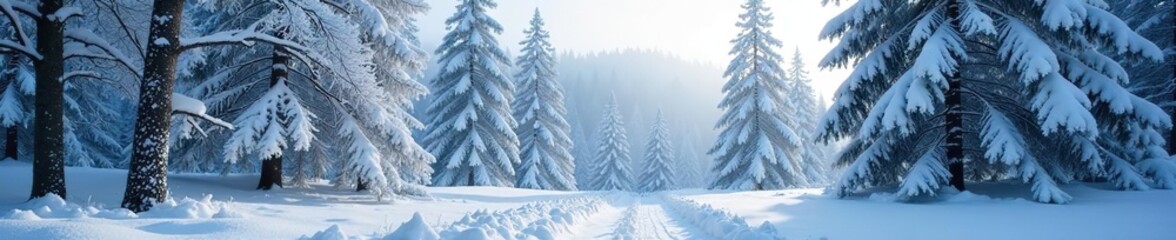 Fototapeta premium Snowy forest trees frosty branches winter landscape, snowflakes, forest