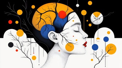 Abstract Portrait of a Woman with Creative Brain and Colorful Elements in Modern Art Style