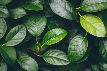 A detailed close-up of a green leafy plant adorned with glistening water droplets, showcasing its vibrant texture and natural beauty.