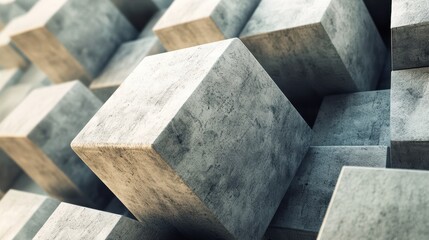 An abstract 3D render featuring geometric blocks on a dark background.