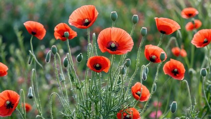 Fototapeta premium vibrant red poppy flowers with green stems in a natural outdoor setting during daylight showcasing blooming garden scene