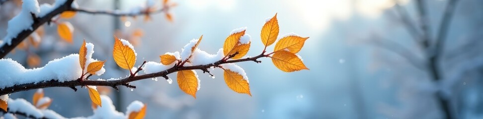 Fototapeta premium Snow-covered branch with yellow leaves and bare sky, peaceful, serene, winter wonderland
