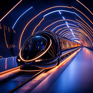 A high-speed hyperloop station with passengers boarding sleek, pod-like vehicles