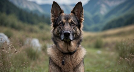 German Shepherd dog in a natural outdoor setting with mountains in the background during daylight hours.