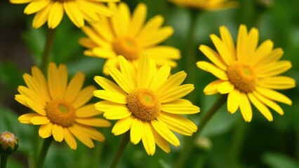 Fototapeta premium Bright yellow daisies in full bloom with green foliage in the background