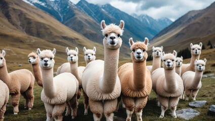 Fototapeta premium Herd of alpacas standing on grassy hillside with mountainous backdrop under cloudy sky in rural landscape setting.