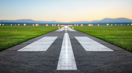 Airport runway with landing lights Concept, Panoramic View of Runway at Dusk with Landing Lights and Green Surroundings