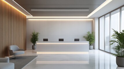 Fototapeta premium A modern office space with a large window and a white desk