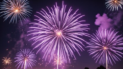 Fototapeta premium Colorful fireworks display against a dark night sky with purple and white bursts illuminating the scene.