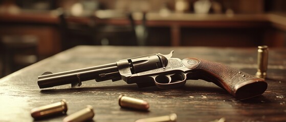 A vintage revolver rests on a wooden table, surrounded by scattered bullets, evoking an old-world vibe and classic ruggedness.