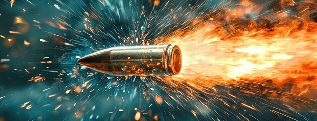bullet streaks through high speed chase scene, surrounded by fiery motion blur and sparks, creating dynamic and intense visual