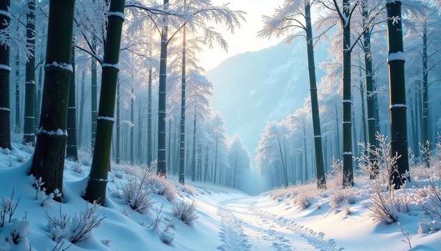 Snowy forest with riziere de montagne in Yunnan, bamboo, yunnan, snow