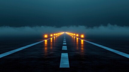 Airport runway with landing lights Concept, Smooth Runway with Bright Landing Lights Under a Dark Sky at Dusk