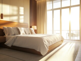 Obraz premium Cozy bedroom with big bed and window