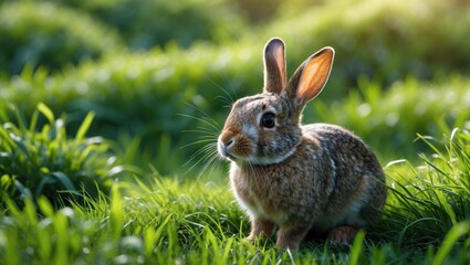 Fototapeta premium Brown rabbit sitting in lush green grass under soft natural light during daytime