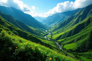 Rolling hills and valleys of Kualoa Mountain Range with a winding stream, foliage, elevation, valleys